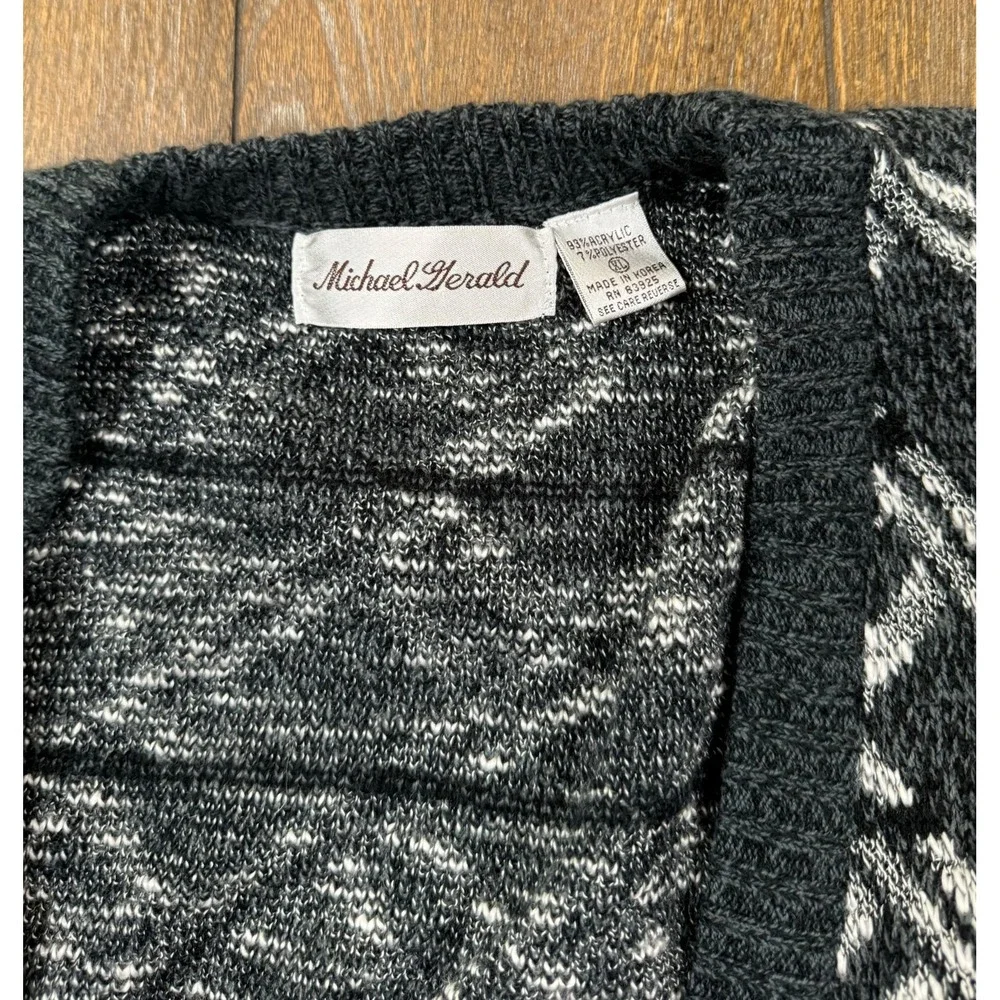 Vintage Michael Gerald Cardigan Men XL Black White Geometric Grandpa Sweater